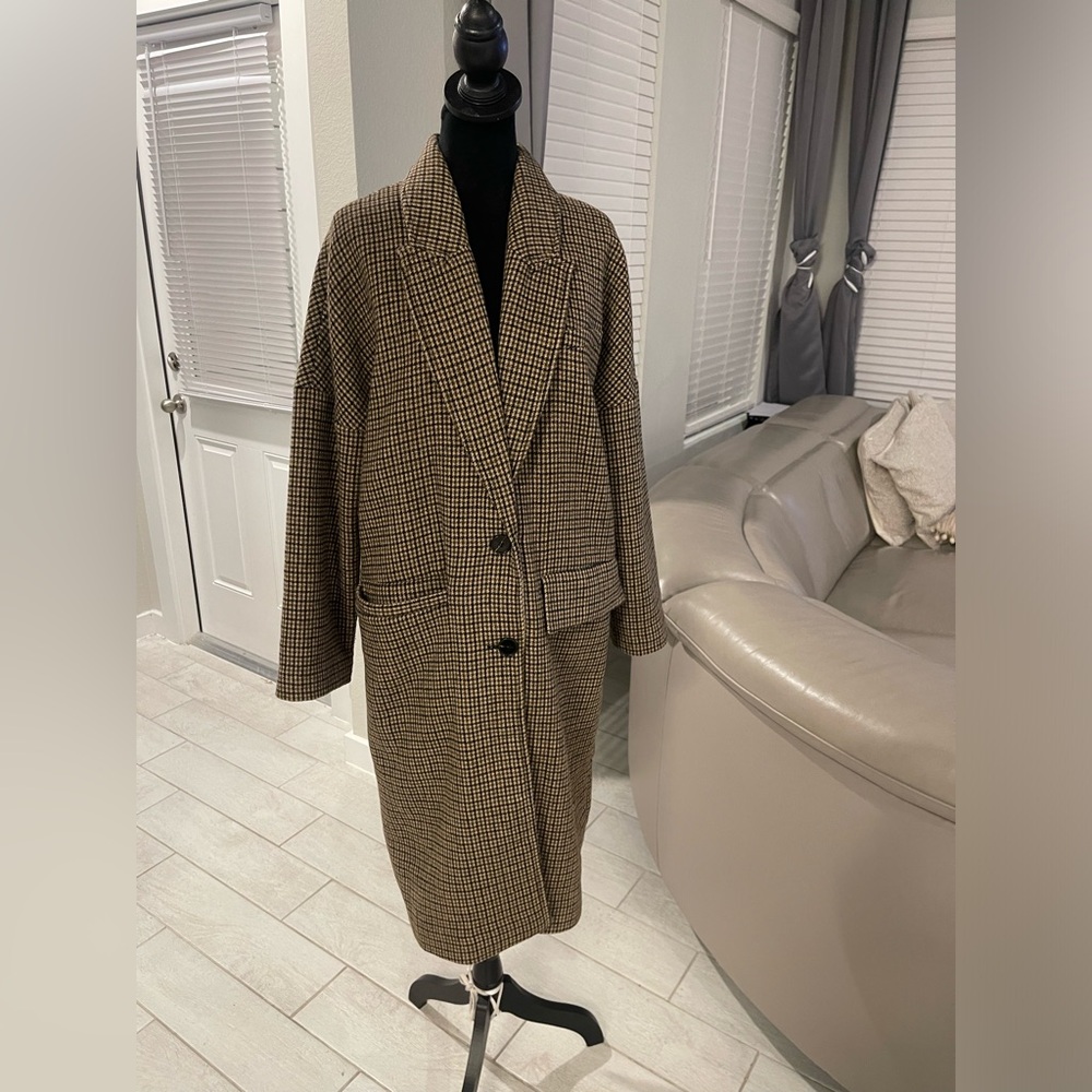 Zara Checkered Brown drop shoulder Oversized Overcoat Jacket S - Picture 3 of 8